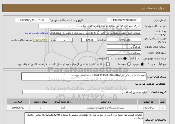 استعلام خرید قطعات یدکی ژنراتورDAIHATSU 6DK-20 با مشخصات پیوست 