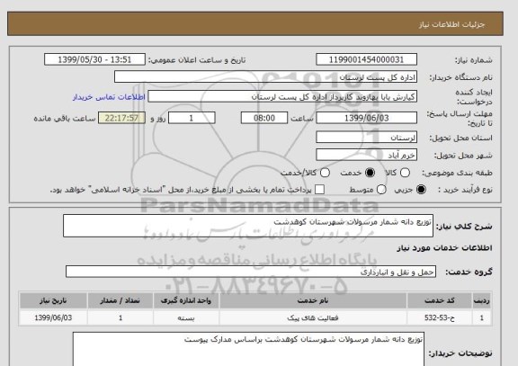 استعلام توزیع دانه شمار مرسولات شهرستان کوهدشت 