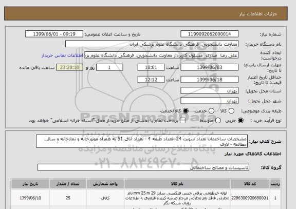 استعلام مشخصات ساختمان تعداد سویت 24 -تعداد طبقه 4 - تعداد اتاق 51 به همراه موتورخانه و نمازخانه و سالن مطالعه - لاوی 