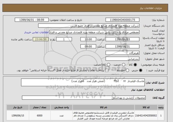استعلام ماسک فیلتردار  ffp2     nr          (شش هزار عدد   6هزار عدد)