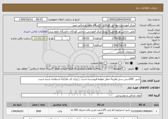 استعلام شیر  200سی سی-هزینه حمل عهده فروشنده است – ایران کد مشابه استفاده شده است     