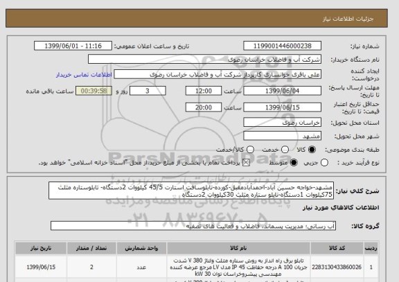 استعلام مشهد-خواجه حسین آباد-احمدآبادمقبل-کورده-تابلوسافت استارت 45/5 کیلووات 2دستگاه- تابلوستاره مثلث 75کیلووات 1دستگاه-تابلو ستاره مثلث 30کیلووات 2دستگاه