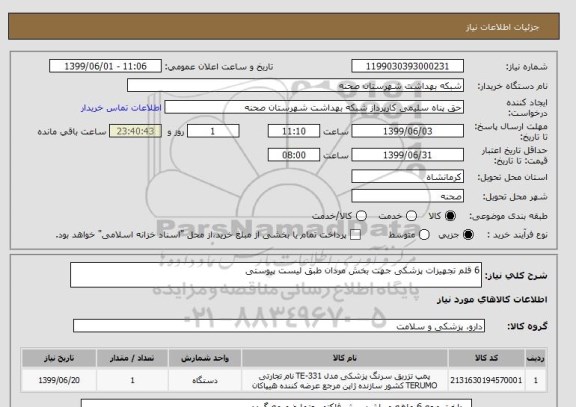 استعلام 6 قلم تجهیزات پزشکی جهت بخش مردان طبق لیست پیوستی