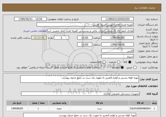 استعلام تهیه کوله پشتی و لوازم التحریر به صورت یک ست در جمع جدول پیوست 