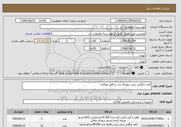 استعلام کمد بایگانی ریلی بهمراه درب و قفل مرکزی