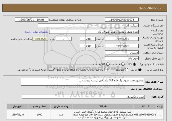 استعلام هافیونر تحت عنوان یک قلم کالا براساس لیست پیوست 