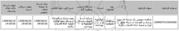 مناقصه عمومی یک مرحله ای بهره برداری و نگهداری از شبکه جمع آوری و تصفیه خانه فاضلاب تنگاری