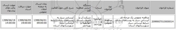مناقصه عمومی یک مرحله ای آبرسانی سیار به روستاهای  دارای شرایط آبرسانی سیار شهرستانهای استان