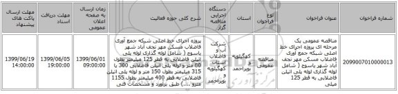 مناقصه عمومی یک مرحله ای پروژه اجرای خط اصلی شبکه جمع آوری فاضلاب مسکن مهر نجف آباد شهر یاسوج ( شامل لوله گذاری لوله پلی اتیلن فاضلابی به قطر 125 میلی