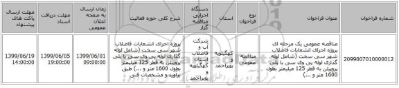 مناقصه عمومی یک مرحله ای پروژه اجرای انشعابات فاضلاب شهر سی سخت (شامل لوله گذاری لوله پی وی سی با پلی پروپیلن به قطر 125 میلیمتر بطول 1600 متر و ...) 