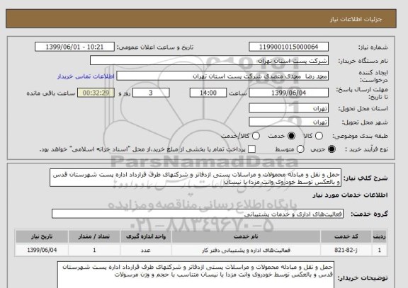 استعلام حمل و نقل و مبادله محمولات و مراسلات پستی ازدفاتر و شرکتهای طرف قرارداد اداره پست شهرستان قدس و بالعکس توسط خودروی وانت مزدا یا نیسان 