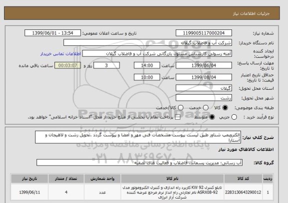 استعلام الکتروپمپ شناور طبق لیست پیوست مشخصات فنی مهر و امضا و پیوست گردد .تحویل رشت و لاهیجان و آستارا