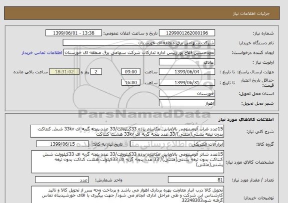 استعلام 15عدد شاتر آلومینیومی بالاوپایین مکانیزم پرده 33کیلوولت/33 عدد پنچه گربه ای 33kv شش کنتاکت بدون تیغه پشتی(مثلثی)/33 عدد پنجه گربه ای 33kv هشت کنتاکت 