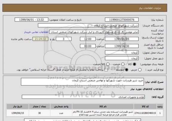 استعلام خرید شیر هیدرانت جهت شهرکها و نواحی صنعتی استان کرمان