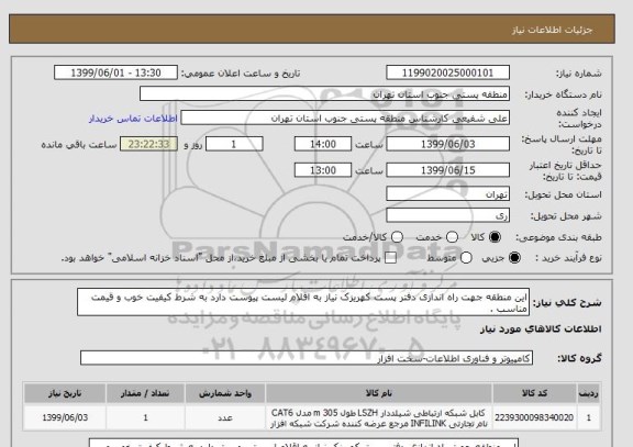 استعلام این منطقه جهت راه اندازی دفتر پست کهریزک نیاز به اقلام لیست پیوست دارد به شرط کیفیت خوب و قیمت مناسب . 