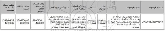 مناقصه عمومی یک مرحله ای تجدید مناقصه تکمیل بهسازی و آسفالت راه روستایی ماته خرپه - شناتال - کهریز شهرستان سلماس