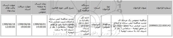 مناقصه عمومی یک مرحله ای تجدید مناقصه ایمن سازی و اصلاح شیب عرضی سه مقطع حادثه خیز در محور ارومیه - سلماس   ( بعد از شریف آباد به سمت ارومیه )