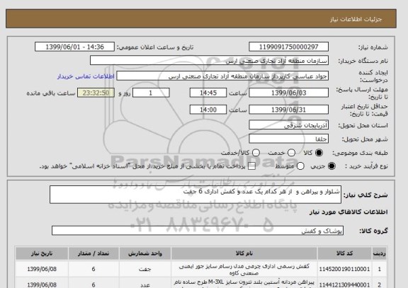 استعلام شلوار و پیراهن و  از هر کدام یک عدد و کفش اداری 6 جفت