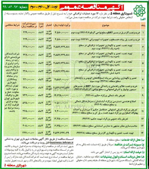 آگهی مناقصه عمومی , مناقصه خرید و نصب گاردریل در مسیر BRT و سطح نواحی 3 و 5 و 6