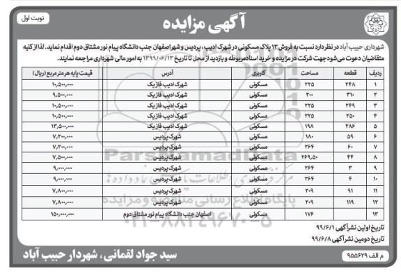 آگهی مزایده مزایده فروش 13 پلاک مسکونی نوبت اول