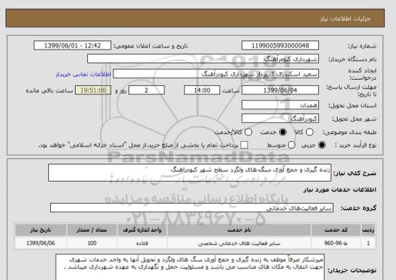 استعلام زنده گیری و جمع آوری سگ های ولگرد سطح شهر کبودراهنگ