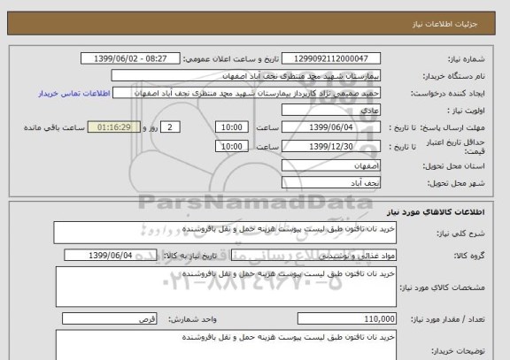 استعلام خرید نان تافتون طبق لیست پیوست هزینه حمل و نقل بافروشنده