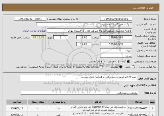 استعلام خرید 9 قلم تجهیزات مخابراتی بر اساس فایل پیوست