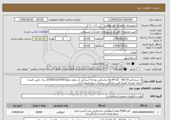 استعلام با شرط قیر 60/70 - pg 64-22 براساس بودجه استانی تا سقف مبلغ 2/838/520/000 ریال تامین کننده دارای تاییدیه کمینه فنی بازرگانی سازمان شهرداریها باشد