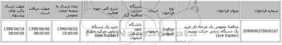 مناقصه عمومی یک مرحله ای خرید یک دستگاه ردیابی حرکت چشم (eye tracker)