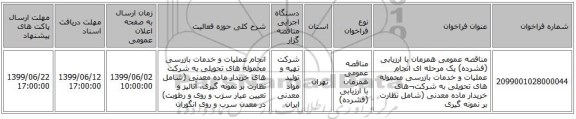 مناقصه عمومی همزمان با ارزیابی (فشرده) یک مرحله ای انجام عملیات و خدمات بازرسی محموله های تحویلی  به شرکت¬های خریدار  ماده  معدنی  (شامل نظارت بر نمونه گیری 