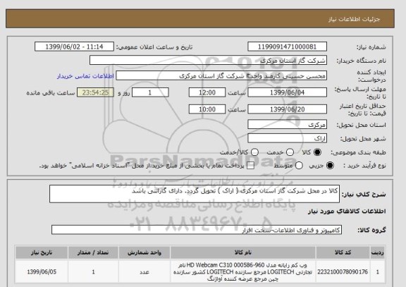 استعلام کالا در محل شرکت گاز استان مرکزی ( اراک ) تحویل گردد. دارای گارانتی باشد
