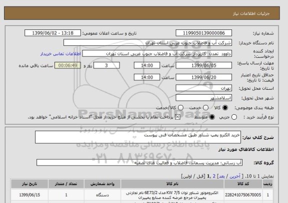 استعلام خرید الکترو پمپ شناور طبق مشخصات فنی پیوست 