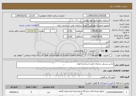 استعلام لباس پرسنل سازمان ملی استاندارد ایران 