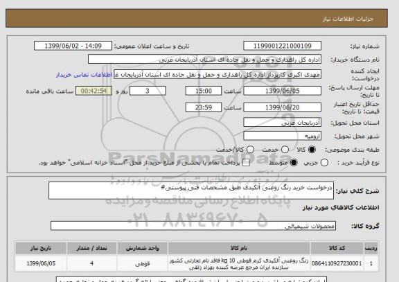 استعلام درخواست خرید رنگ روغنی آلکیدی طبق مشخصات فنی پیوستی#