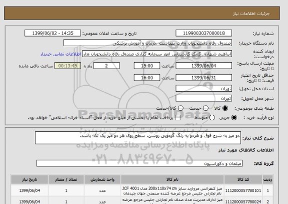 استعلام دو میز به شرح فوق و هردو به رنگ گردویی روشن. سطح روی هر دو میز یک تکه باشد.