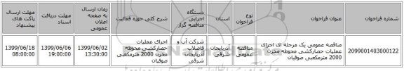 مناقصه عمومی یک مرحله ای اجرای عملیات حصارکشی محوطه مخزن 2000 مترمکعبی صوفیان