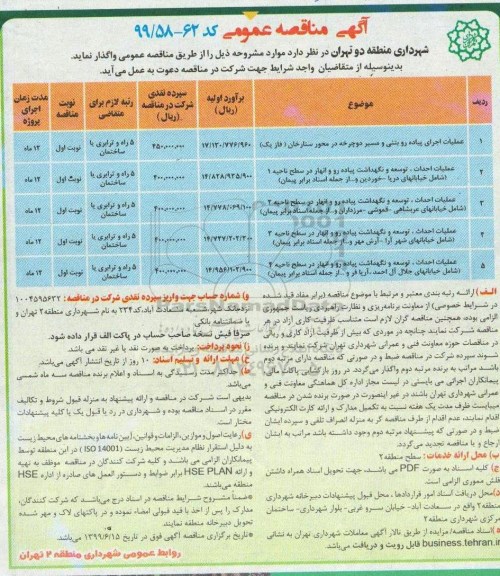 آگهی مناقصه، مناقصه عملیات اجرای پیاده رو بتنی 