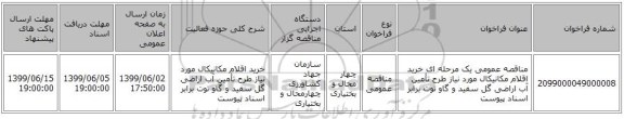 مناقصه عمومی یک مرحله ای خرید اقلام مکانیکال مورد نیاز طرح تأمین آب اراضی گل سفید و گاو توت برابر اسناد پیوست