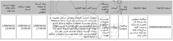 مناقصه عمومی یک مرحله ای تعمیر و بازسازی و مرمت کلیه ساختمان های باغ گیاه شناسی ملی ایران