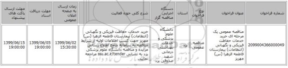 مناقصه عمومی یک مرحله ای خرید خدمات حفاظت فیزیکی و نگهبانی (انتظامات) بیمارستان فاطمه الزهرا (س) مهریز