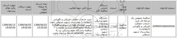 مناقصه عمومی یک مرحله ای خرید خدمات حفاظت فیزیکی و نگهبانی (انتظامات) بیمارستان شهید صدوقی
