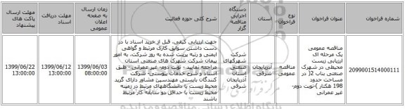 مناقصه عمومی یک مرحله ای ارزیابی زیست محیطی در شهرک صنعتی بناب 2( در مساحت حدود 198 هکتار )-نوبت دوم- غیر عمرانی
