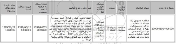 مناقصه عمومی یک مرحله ای عملیات خاکی و زیرسازی و تهیه و اجرای آسفالت در شهرک صنعتی فناوری قطعات خودرو-نوبت دوم-غیر عمرانی