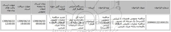 مناقصه عمومی همزمان با ارزیابی (فشرده) یک مرحله ای تجدید مناقصه عملیات تکمیلی کارهای باقیمانده پایانه مرزی تمرچین