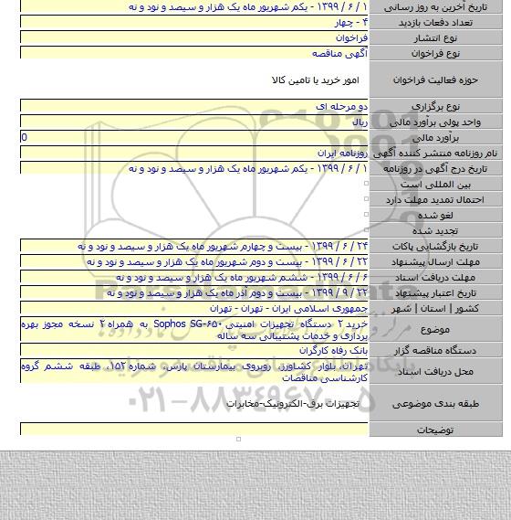 خرید ۲ دستگاه تجهیزات امنیتی Sophos SG-۶۵۰ به همراه ۲ نسخه مجوز بهره برداری و خدمات پشتیبانی سه ساله