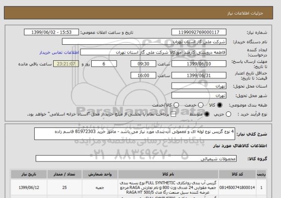 استعلام 4 نوع گریس نوع لوله ای و معمولی آب بندی مورد نیاز می باشد - مامور خرید 81972303 قاسم زاده