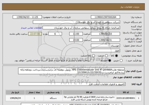 استعلام محفظه هاردHPE D3600enclouser SAS lff QW968A .تحویل دوهفته ای درانبارسازمان.پرداخت دوماهه.ارائه پیشفاکتور ایزامیست.ت:33155035-331559010