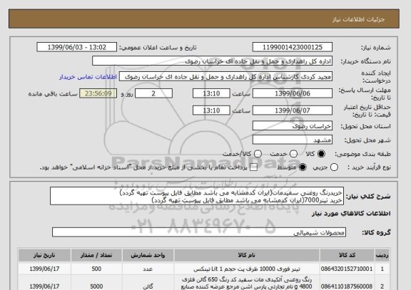 استعلام خریدرنگ روغنی سفیدمات(ایران کدمشابه می باشد مطابق فایل پیوست تهیه گردد)
خرید تینر7000(ایران کدمشابه می باشد مطابق فایل پیوست تهیه گردد)