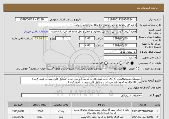 استعلام خریدرنگ سردترافیکی اکرلیک بافام سفید(ایران کدمشابه می باشد  مطابق فایل پیوست تهیه گردد)
تینر7000(ایران کدمشابه می باشد مطابق فایل پیوست تهیه گردد)