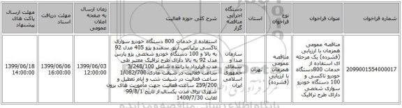 مناقصه عمومی همزمان با ارزیابی (فشرده) یک مرحله ای استفاده از خدمات 800دستگاه خودرو تاکسی و 100 دستگاه خودرو سواری شخصی دارای طرح ترافیک